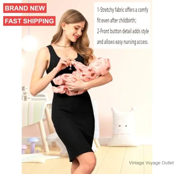 Maternity Bodycon Dress Sleeveless Striped Button Knit Summer Pregnancy - Picture 4 of 7